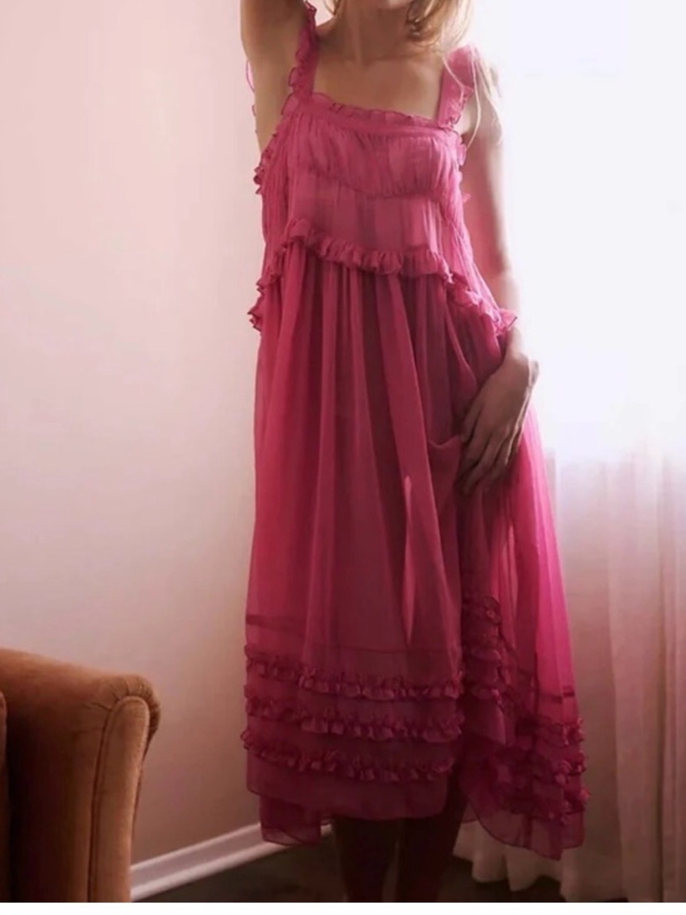 Free People Fuchsia Ruffled Sheer dress